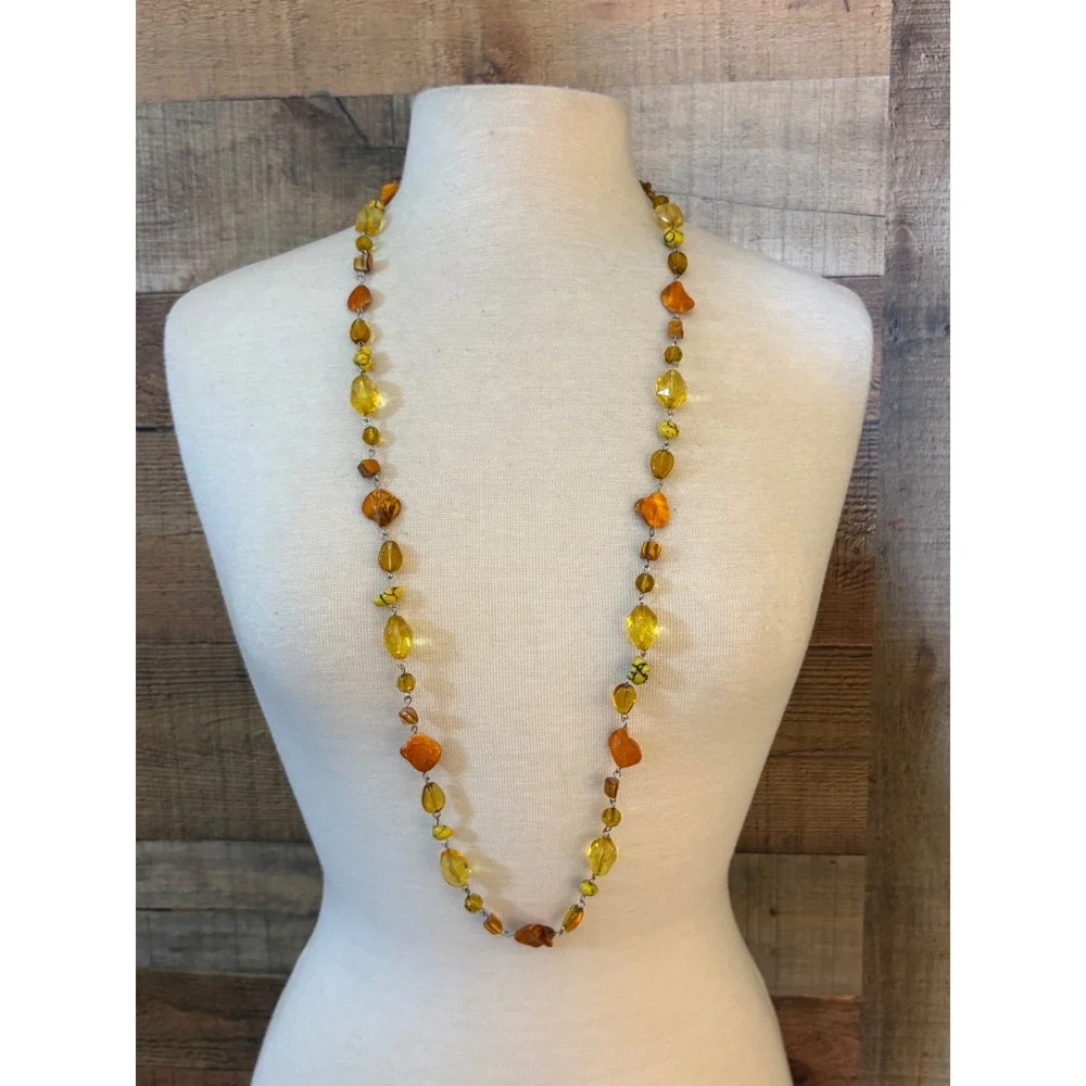 Long Amber Yellow Multi Shape Bead Station Necklace Silver Tone Adjustable